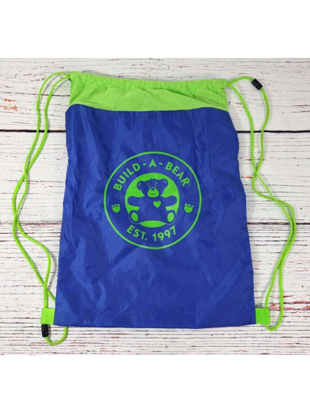 Build-A-Bear Blue & Green Drawstring Backpack  Rucksack Carrier Logo Design Ligh